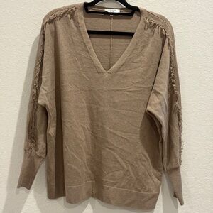 J-Society Tan V-Neck Knit Fringes Sweater Classic Style